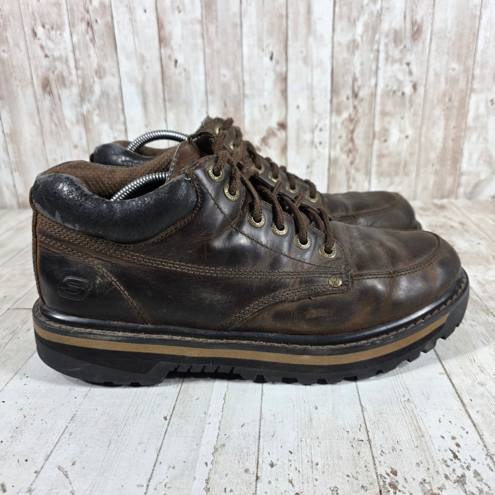 Skechers Jammers 4470 Mens Dark Brown Leather Moc Toe Lug Sole Boots Size 11